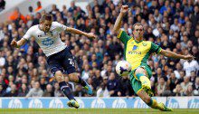 Tottenham Hotspur's Icelandic midfielder Gylfi Sigurdsson (L) scores the opening goal defended by Norwich City's Scottish defender Steven Whittaker (R) during the English Premier League football match between Tottenham Hotspur and Norwich City at White Hart Lane in north London on September 14, 2013. AFP PHOTO / IAN KINGTON
RESTRICTED TO EDITORIAL USE. No use with unauthorized audio, video, data, fixture lists, club/league logos or live services. Online in-match use limited to 45 images, no video emulation. No use in betting, games or single club/league/player publicationsIAN KINGTON/AFP/Getty Images